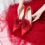 Chinese style Red Lace Appliques Wedding Shoes 2020 Leather Rhinestone 8 cm Thick Heels Pointed Toe Wedding Pumps