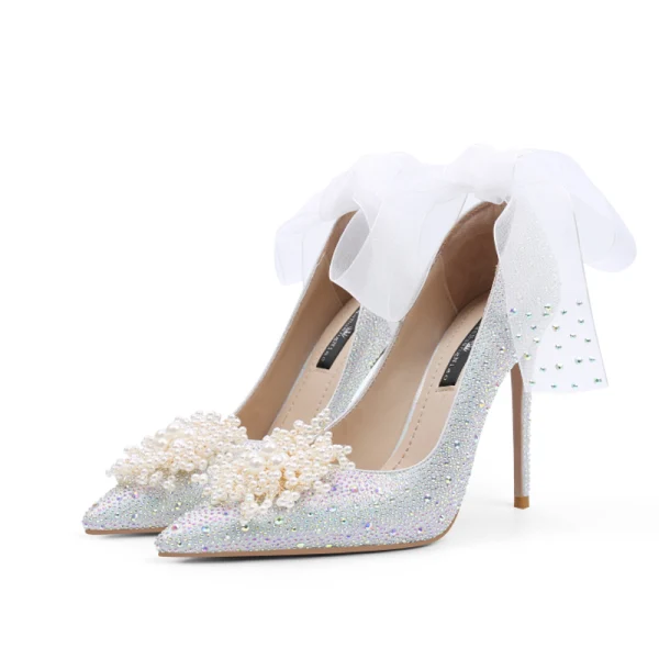 Luxury / Gorgeous Silver Rhinestone Wedding Shoes 2020 Leather Pearl Bow 10 cm Stiletto Heels Pointed Toe Wedding Pumps