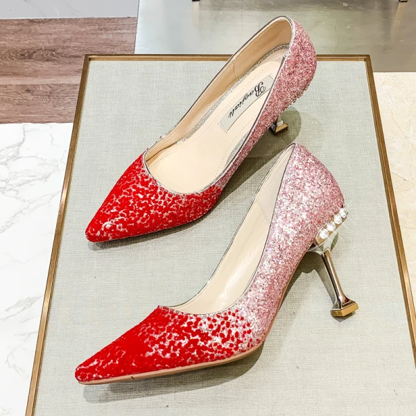 Sparkly Gold Red Sequins Wedding Shoes 2020 Rhinestone 9 cm Stiletto Heels Pointed Toe Wedding Pumps