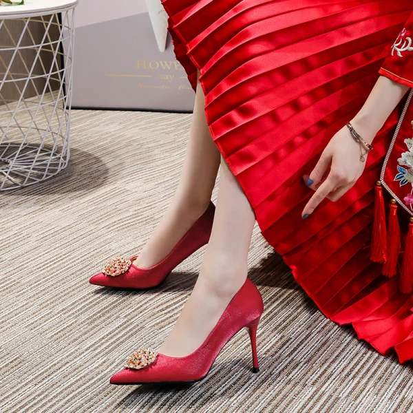 Chinese style Champagne Wedding Shoes 2020 Leather Pearl Rhinestone 9 cm Stiletto Heels Pointed Toe Wedding Pumps