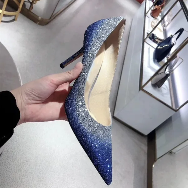 Charmig Gradient-Färg Ocean Blå Afton Paljetter Pumps 2020 Läder 6 cm Stilettklackar Spetsiga Pumps