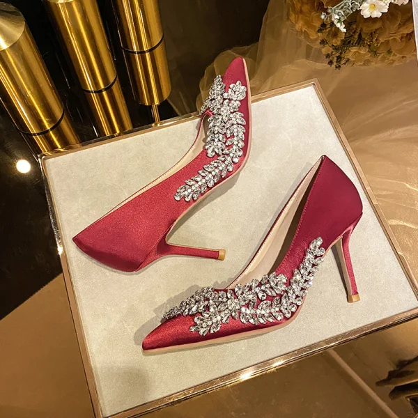 Chic / Beautiful Ivory Evening Party Rhinestone Pumps 2020 Leather 8 cm Stiletto Heels Pointed Toe Pumps
