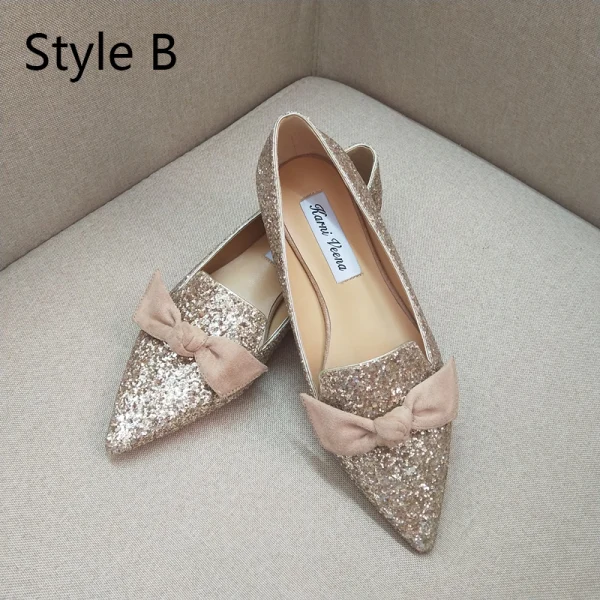 Sparkly Gradient-Color Prom Flat Womens Shoes 2020 Sequins Bow Pointed Toe Heels