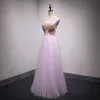 Elegant Lilac Prom Dresses 2018 A-Line / Princess Appliques Beading Sequins V-Neck Backless Sleeveless Floor-Length / Long Formal Dresses