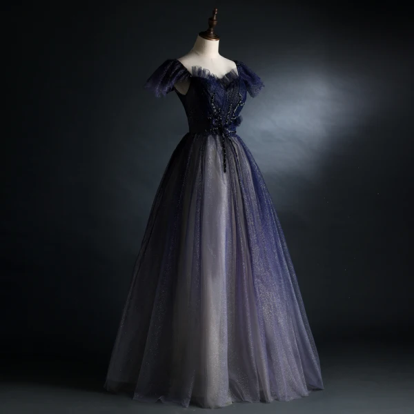 Vintage / Retro Navy Blue Glitter Prom Dresses 2021 A-Line / Princess Square Neckline Beading Crystal Short Sleeve Backless Floor-Length / Long Prom Formal Dresses