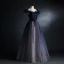 Vintage / Retro Navy Blue Glitter Prom Dresses 2021 A-Line / Princess Square Neckline Beading Crystal Short Sleeve Backless Floor-Length / Long Prom Formal Dresses