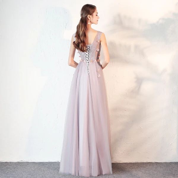 Chic / Beautiful Lavender Prom Dresses 2018 A-Line / Princess Lace Appliques Beading Crystal V-Neck Backless Sleeveless Floor-Length / Long Formal Dresses