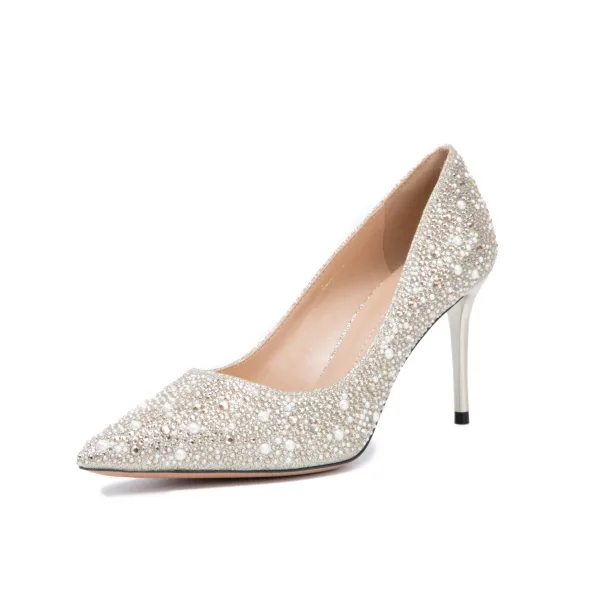 Charming Sparkly Gold Rhinestone Pearl Wedding Shoes 2020 7 cm Stiletto Heels Pointed Toe Wedding Pumps