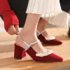 Elegant Burgundy Prom Slingbacks Womens Shoes 2020 Pearl 6 cm Thick Heels Pointed Toe Heels