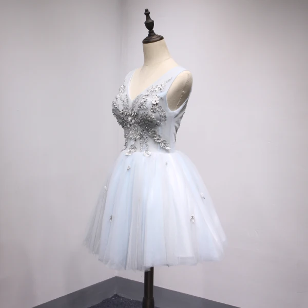 Chic / Beautiful Grey Sky Blue Party Dresses 2018 A-Line / Princess Beading Crystal Pearl Appliques V-Neck Backless Sleeveless Short Formal Dresses