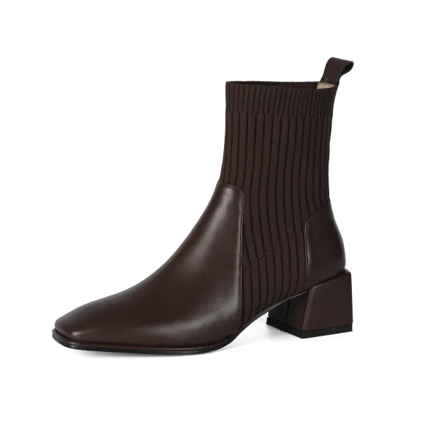 Chic / Beautiful Black Street Wear Knitting Womens Boots 2020 Leather 5 cm Thick Heels Square Toe Boots