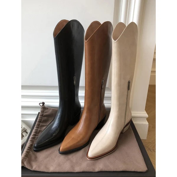 Fashion Beige Street Wear Mid Calf Womens Boots 2020 Leather 4 cm Thick Heels Low Heel Pointed Toe Boots