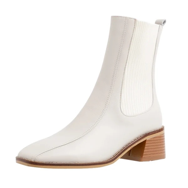 Modest / Simple Beige Casual Ankle Womens Boots 2020 Leather 5 cm Thick Heels Square Toe Boots