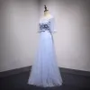 Chic / Beautiful Sky Blue Prom Dresses 2018 A-Line / Princess Appliques Bow Rhinestone Scoop Neck Backless 1/2 Sleeves Floor-Length / Long Formal Dresses