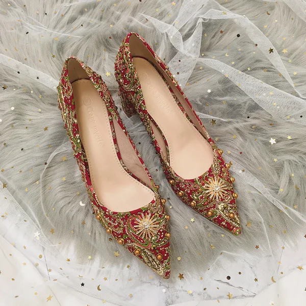Style Chinois Rouge Faux Diamant Chaussure De Mariée 2020 9 cm Talons Épais À Bout Pointu Mariage Escarpins