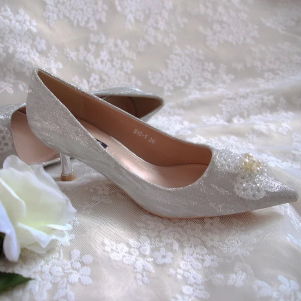 Elegant Vintage / Retro Silver Glitter Wedding Shoes 2020 Leather Crystal Pearl 5 cm Stiletto Heels Pointed Toe Wedding Pumps