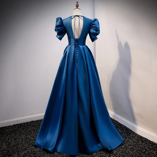 Vintage / Retro Royal Blue Satin Prom Dresses 2021 A-Line / Princess V-Neck Bell sleeves Backless Floor-Length / Long Prom Formal Dresses