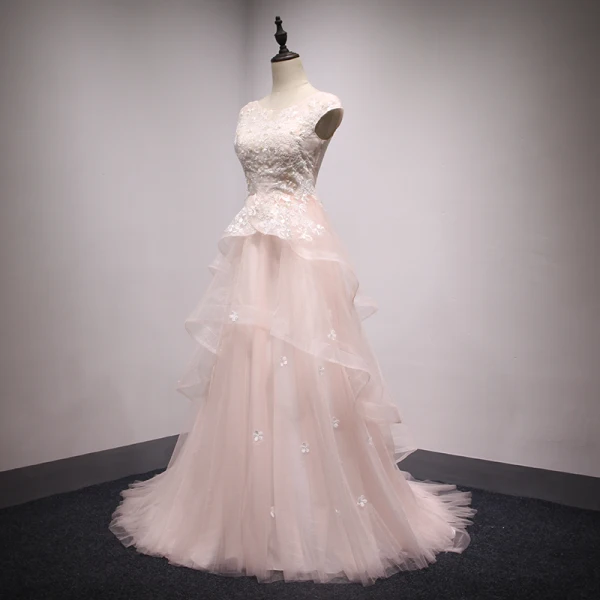Élégant Perle Rose Robe De Bal 2018 Princesse Perlage Perle Paillettes En Dentelle Fleur Volants en Cascade Encolure Dégagée Dos Nu Sans Manches Train De Balayage Robe De Ceremonie