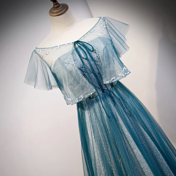 Charming Pool Blue Glitter Prom Dresses 2021 A-Line / Princess Scoop Neck Beading Sequins Short Sleeve Floor-Length / Long Prom Formal Dresses