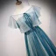 Charming Pool Blue Glitter Prom Dresses 2021 A-Line / Princess Scoop Neck Beading Sequins Short Sleeve Floor-Length / Long Prom Formal Dresses