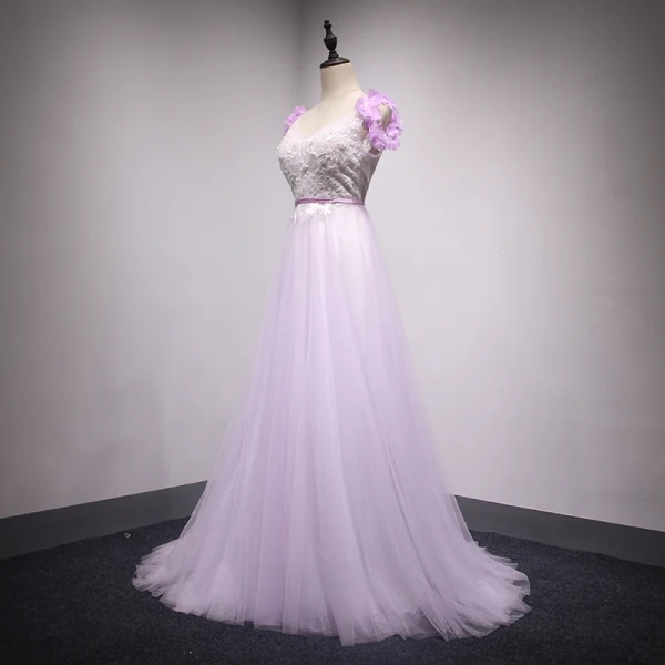 Chic / Belle Lilas Robe De Soirée 2018 Princesse En Dentelle Fleur Appliques Perlage Perle V-Cou Dos Nu Sans Manches Train De Balayage Robe De Ceremonie