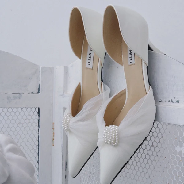 Elegant White Pearl Wedding Shoes 2020 Leather 7 cm Stiletto Heels Pointed Toe Wedding Heels