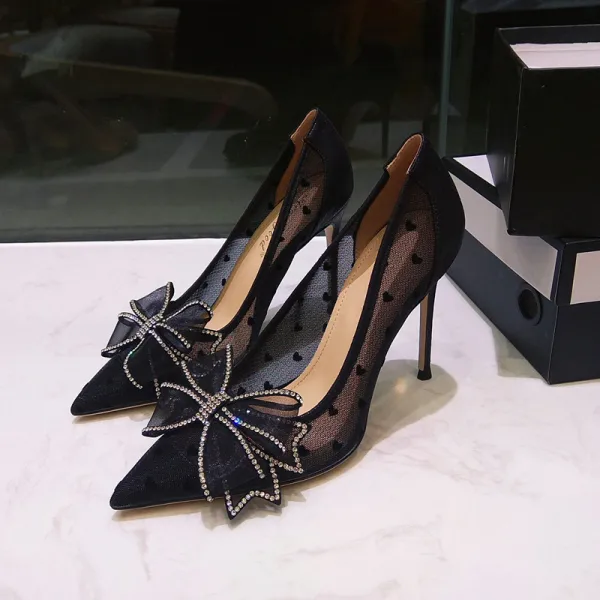 Uroczy Moda Srebrny Rhinestone Kokarda Buty Ślubne 2020 10 cm Szpilki Szpiczaste Ślub Czółenka