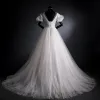 Elegant Ivory Lace Flower Wedding Dresses 2021 A-Line / Princess V-Neck Bell sleeves Backless Sweep Train Wedding