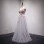 Chic / Beautiful Grey Prom Dresses 2018 A-Line / Princess Lace Flower Appliques Bow Beading V-Neck Backless Sleeveless Floor-Length / Long Formal Dresses