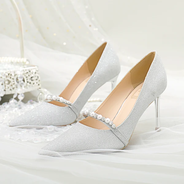 Schöne Silber Pailletten Brautschuhe 2020 Strass Perle 8 cm Stilettos Spitzschuh Hochzeit Pumps
