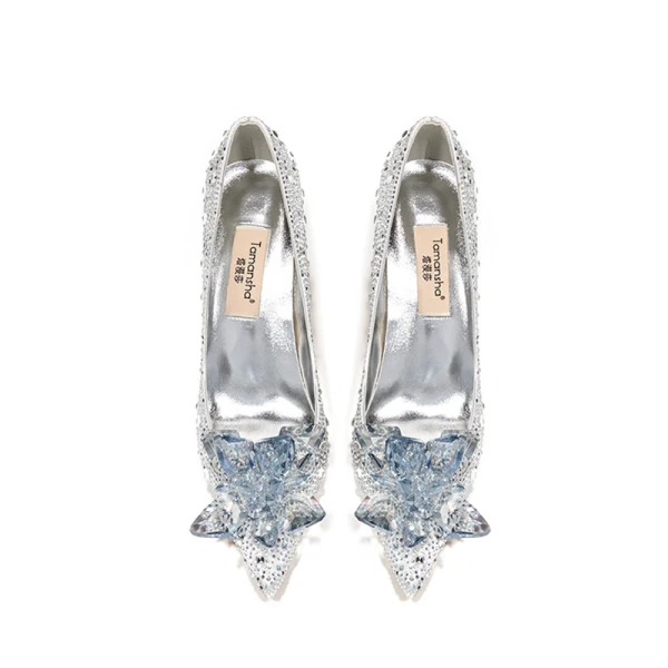 Charmant Zilveren Kristal Bruidsschoenen 2020 Rhinestone 9 cm Naaldhakken / Stiletto Spitse Neus Huwelijk Pumps