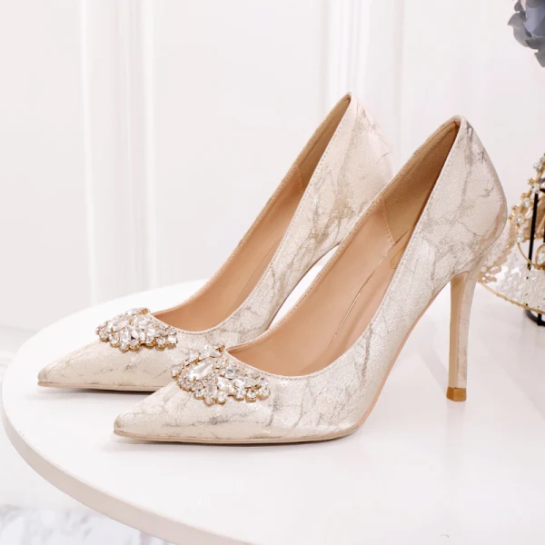 Classique Champagne Faux Diamant Chaussure De Mariée 2020 10 cm Talons Aiguilles À Bout Pointu Mariage Escarpins