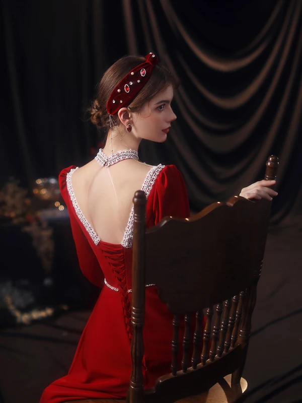 Chic / Beautiful Red Lace Flower Evening Dresses 2021 A-Line / Princess Square Neckline Rhinestone Long Sleeve Backless Floor-Length / Long Evening Party Formal Dresses