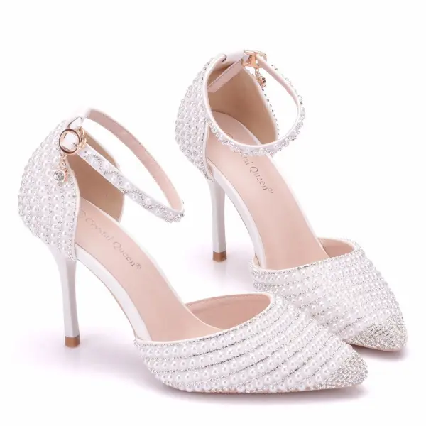Charmant Argenté Chaussure De Mariée 2020 Bride Cheville Perle Faux Diamant 9 cm Talons Aiguilles À Bout Pointu Mariage Talons