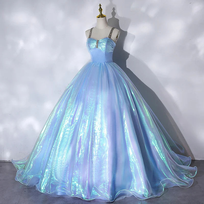 Illusion Sky Blue Cinderella Prom Dresses 2021 Ball Gown Rhinestone Spaghetti Straps
