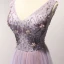 Chic / Beautiful Lilac Prom Dresses 2018 A-Line / Princess Pearl Crystal Sequins Bow V-Neck Backless Sleeveless Floor-Length / Long Formal Dresses