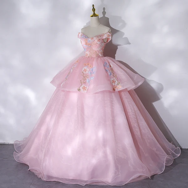 Elegant Candy Pink Prom Dresses 2021 Ball Gown Off-The-Shoulder Beading Pearl Rhinestone Lace Flower Sleeveless Backless Floor-Length / Long Prom Formal Dresses