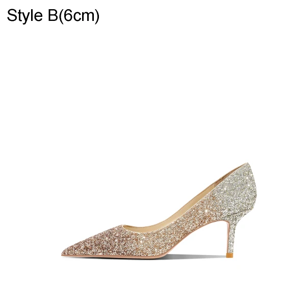 Charmig Glittrande Guld Paljetter Brudskor 2021 Läder 8 cm Stilettklackar Spetsiga Bröllop Pumps Högklackade