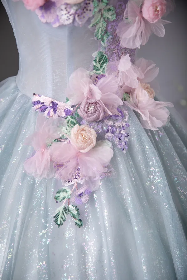 Elegant Sky Blue Sequins Appliques Prom Dresses 2025 Ball Gown Scoop Neck Short Sleeve Floor-Length / Long Prom Formal Dresses