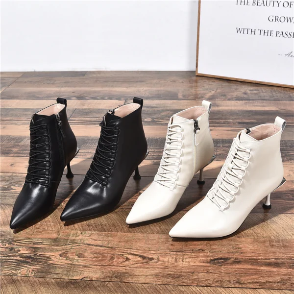 Fashion Black Street Wear Ankle Womens Boots 2020 Leather 7 cm Stiletto Heels Pointed Toe Boots