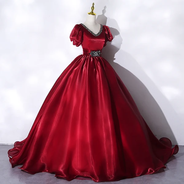 Classy Burgundy Prom Dresses 2021 Ball Gown V-Neck Crystal Rhinestone Short Sleeve Backless Floor-Length / Long Prom Formal Dresses