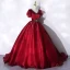 Classy Burgundy Prom Dresses 2021 Ball Gown V-Neck Crystal Rhinestone Short Sleeve Backless Floor-Length / Long Prom Formal Dresses