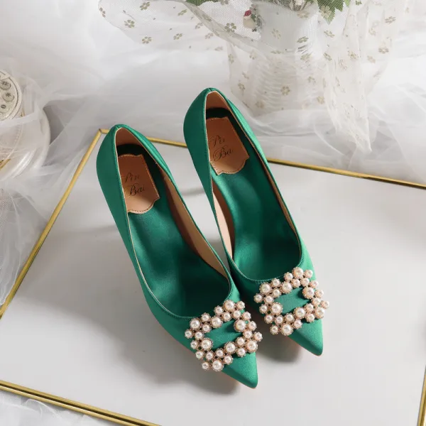 Élégant Ivoire Cuir Perle Chaussure De Mariée 2020 10 cm Talons Aiguilles À Bout Pointu Mariage Escarpins