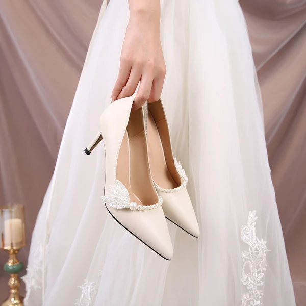 Elegant Ivory Pearl Wedding Shoes 2020 7 cm Stiletto Heels Pointed Toe Wedding Pumps