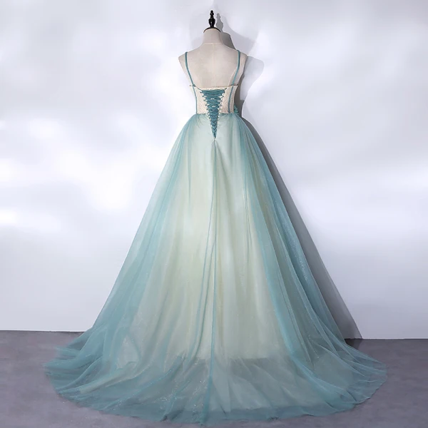 Classy Mint Green Prom Dresses 2021 A-Line / Princess Spaghetti Straps Appliques Lace Flower Sleeveless Backless Floor-Length / Long Prom Formal Dresses