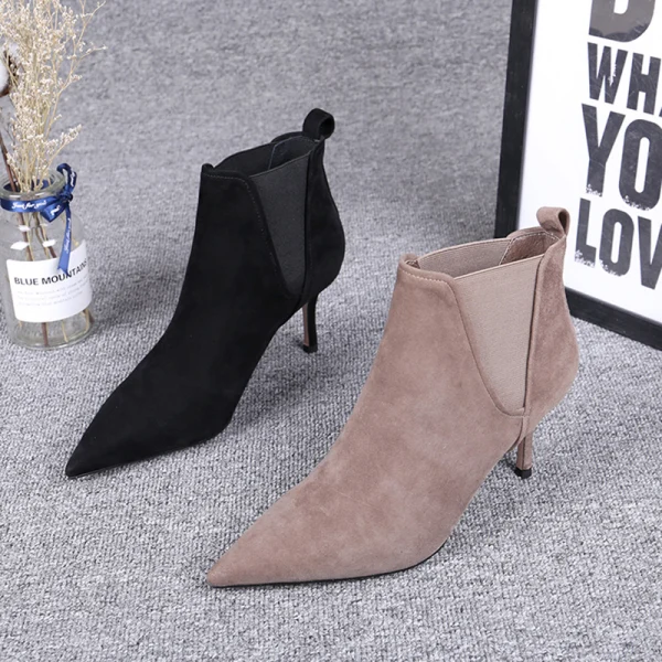 Simple Hiver Kaki Désinvolte Daim Bottes Femme 2020 Cuir Bottines 7 cm Talons Aiguilles À Bout Pointu Bottes