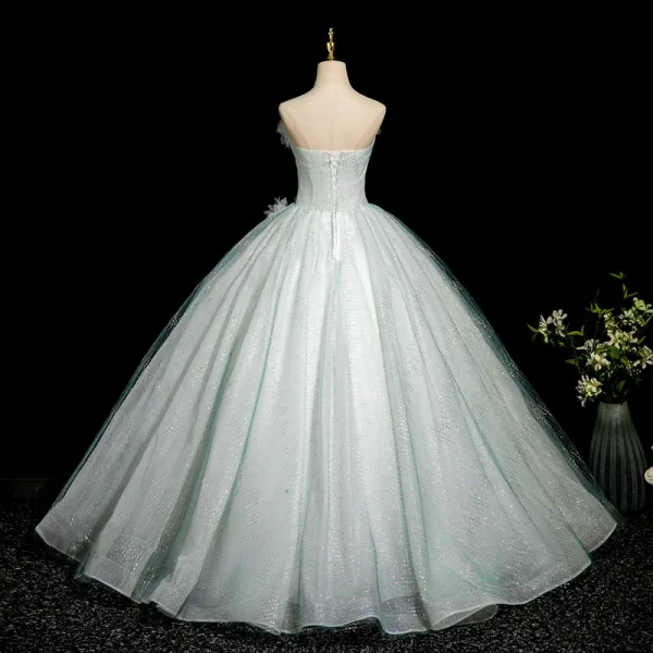 Elegant Mint Green Beading Lace Flower Appliques Prom Dresses 2025 Ball Gown Strapless Sleeveless Backless Floor-Length / Long Formal Dresses