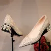 Brillante Rosa Clara Zapatos de novia 2018 Cuero Glitter Lentejuelas 5 cm Perla Rhinestone Talones Gruesos Punta Estrecha Boda Tacones