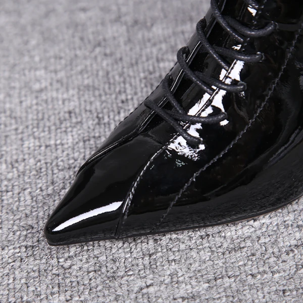 Fashion Black Street Wear Patent Leather Ankle Womens Boots 2020 Leather 7 cm Stiletto Heels Pointed Toe Boots