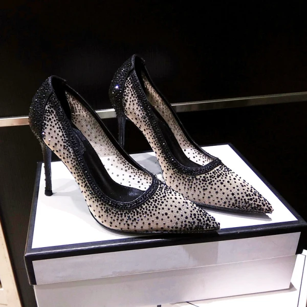 Charmig Silver Afton Rhinestone Pumps 2020 Läder 10 cm Stilettklackar Spetsiga Pumps